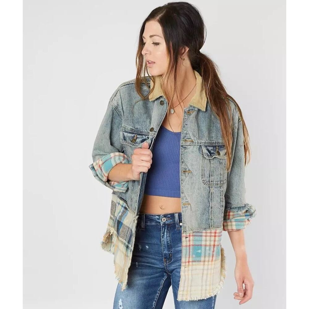 NWT / Free People Sirius Plaid Mixed Denim Jacket / sz xs/s